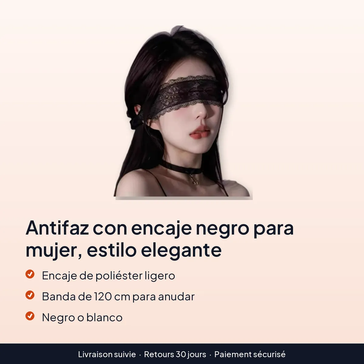 Antifaz con encaje negro para mujer, estilo elegante : encaje de poliéster ligero, banda de 120 cm para anudar, negro o blanco
