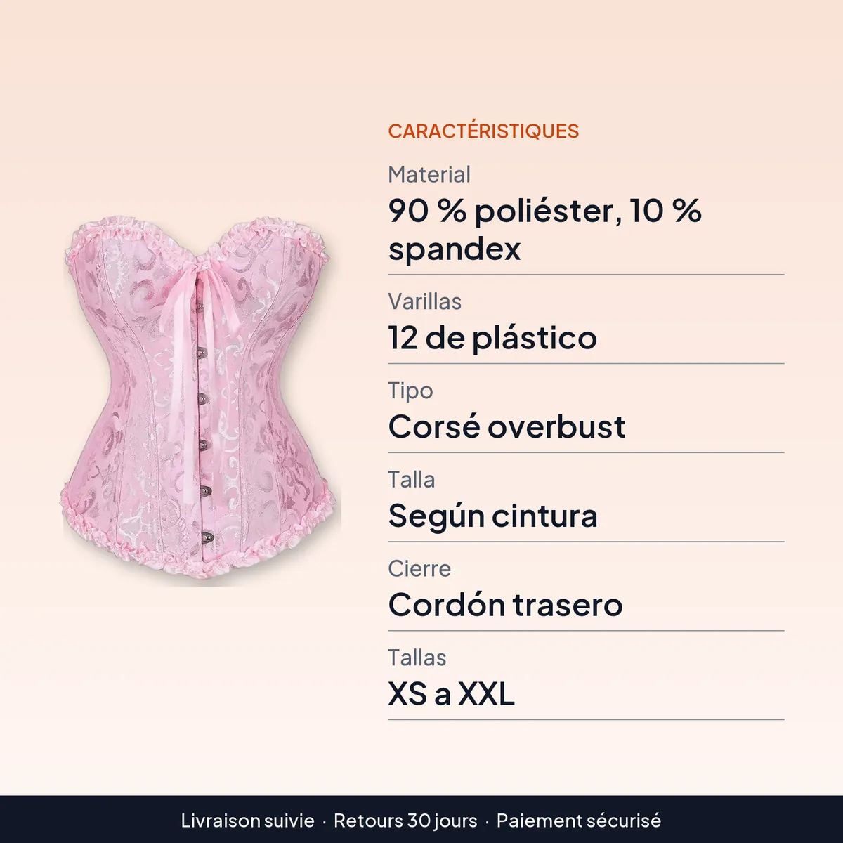 Corsé de jacquard con 12 varillas de plástico y cordón trasero : caractéristiques