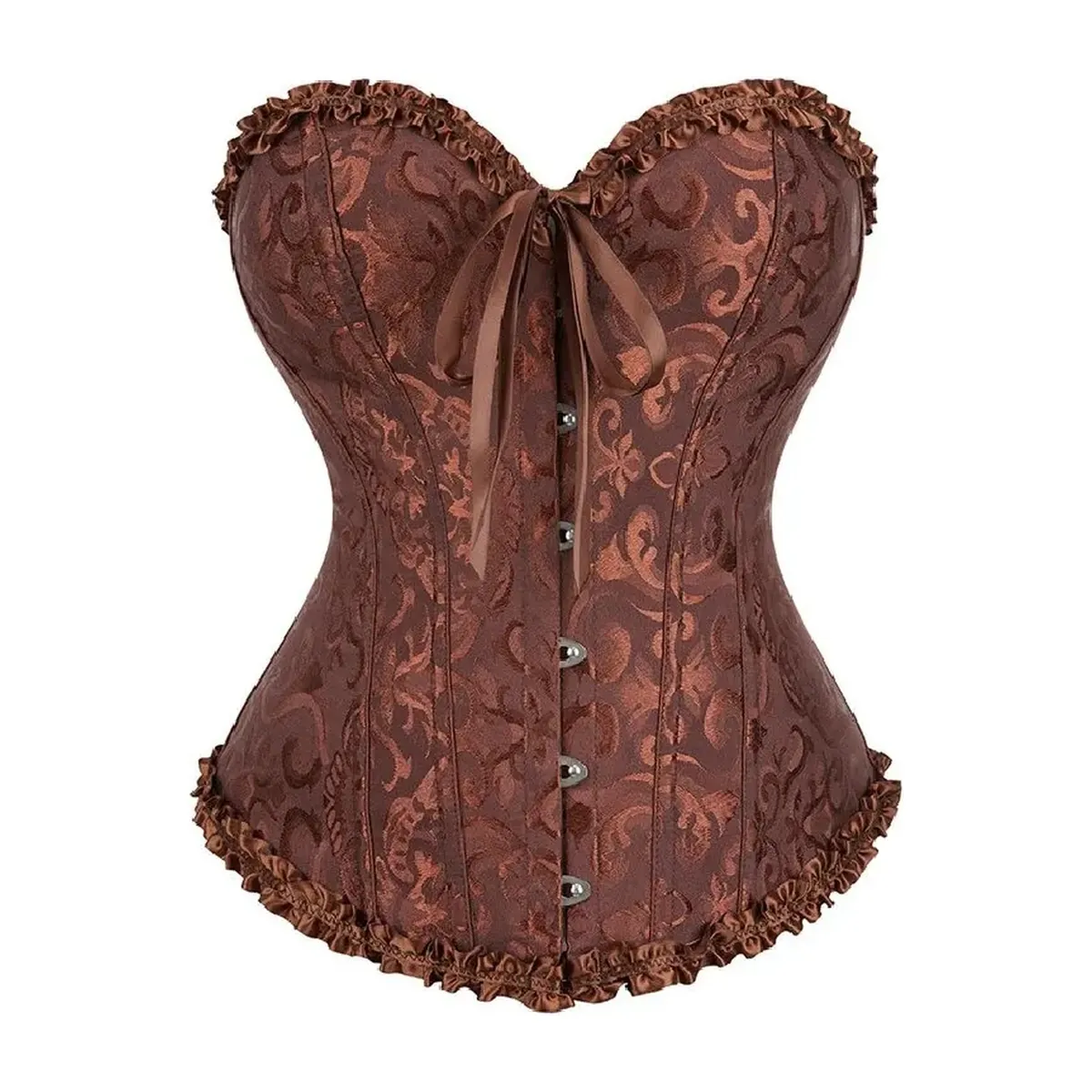 Corsé de jacquard con 12 varillas de plástico y cordón trasero – café