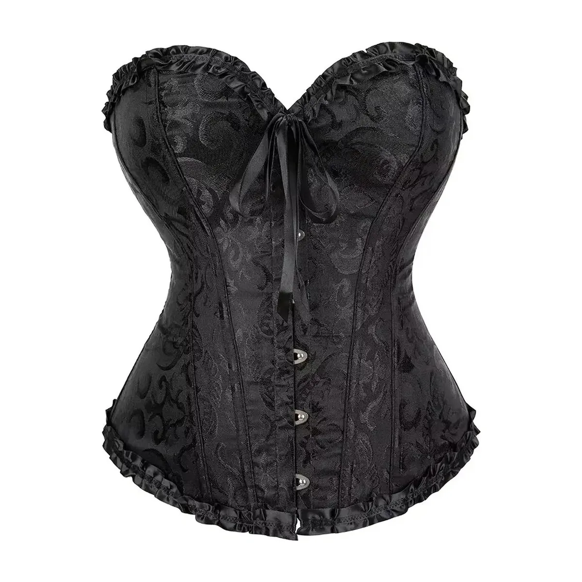 Corsé de jacquard con 12 varillas de plástico y cordón trasero – negro