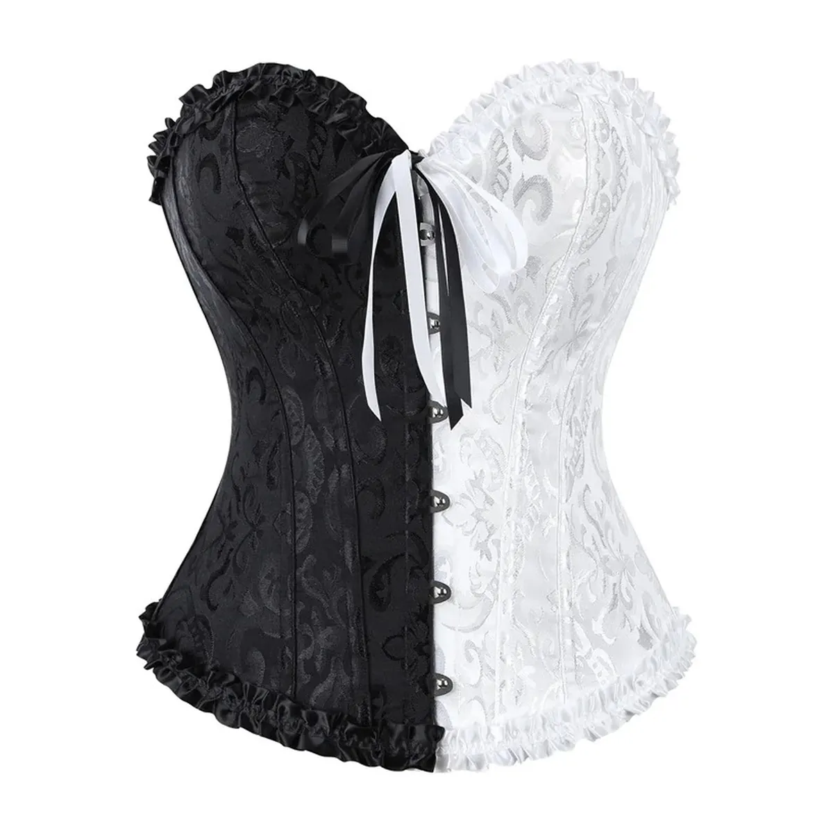 Corsé de jacquard con 12 varillas de plástico y cordón trasero – negro y blanco