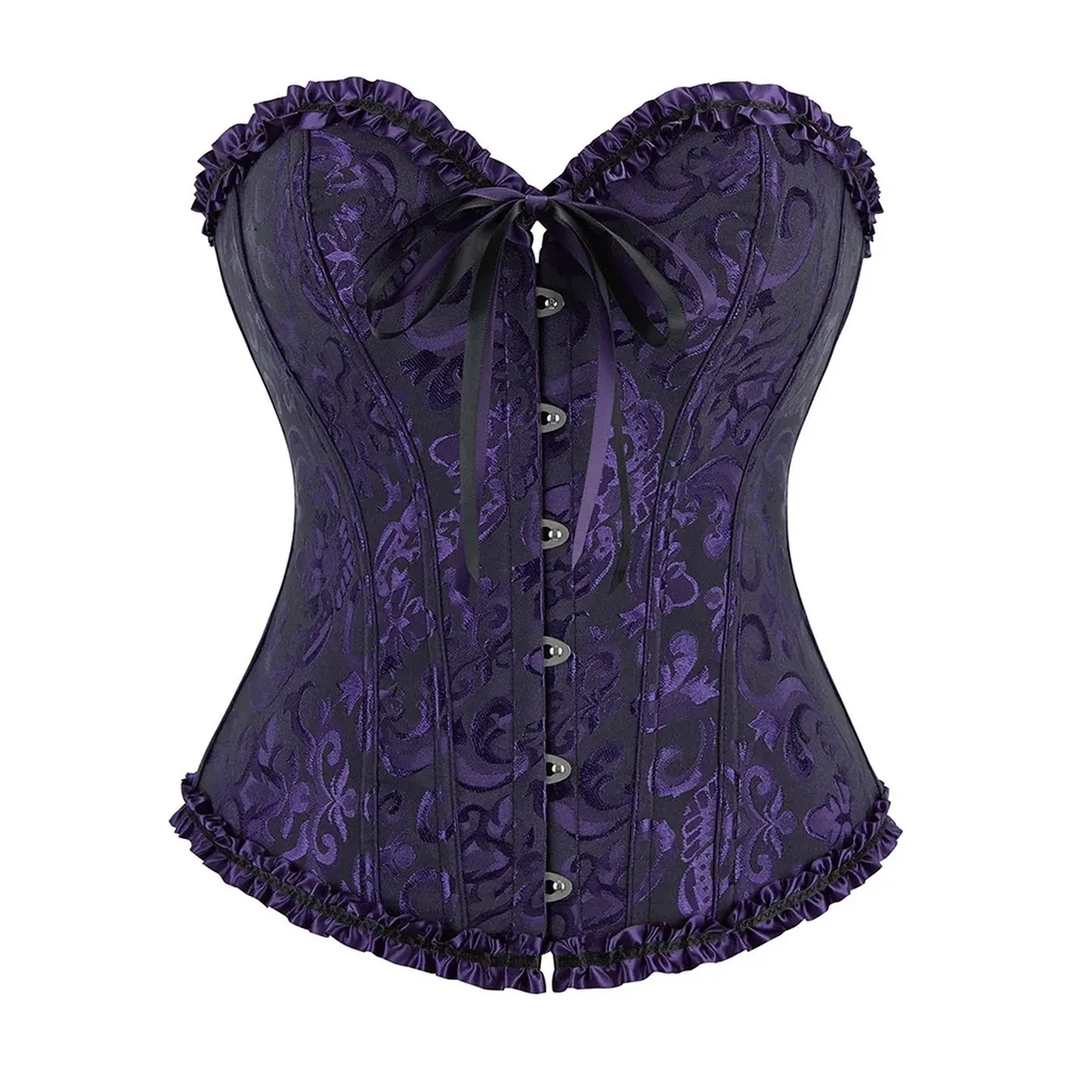 Corsé de jacquard con 12 varillas de plástico y cordón trasero – negro y morado