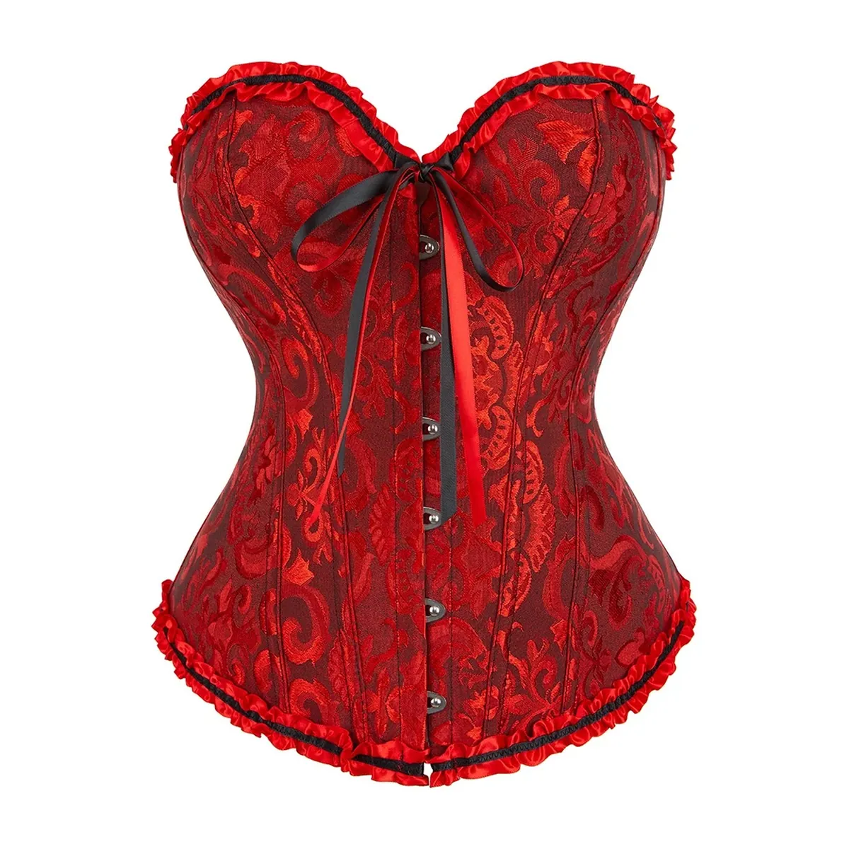Corsé de jacquard con 12 varillas de plástico y cordón trasero – negro y rojo