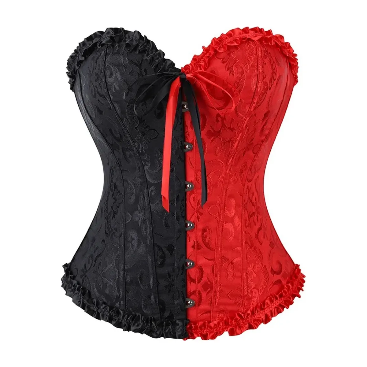 Corsé de jacquard con 12 varillas de plástico y cordón trasero – negro y rojo, variante 2