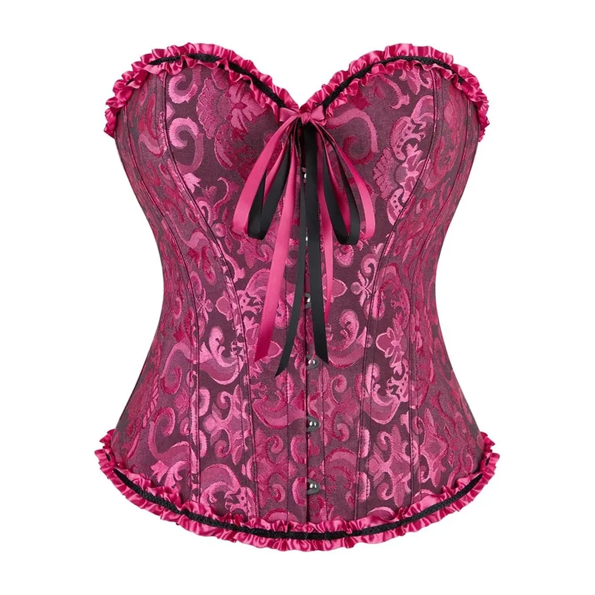 Corsé de jacquard con 12 varillas de plástico y cordón trasero – negro y rosa