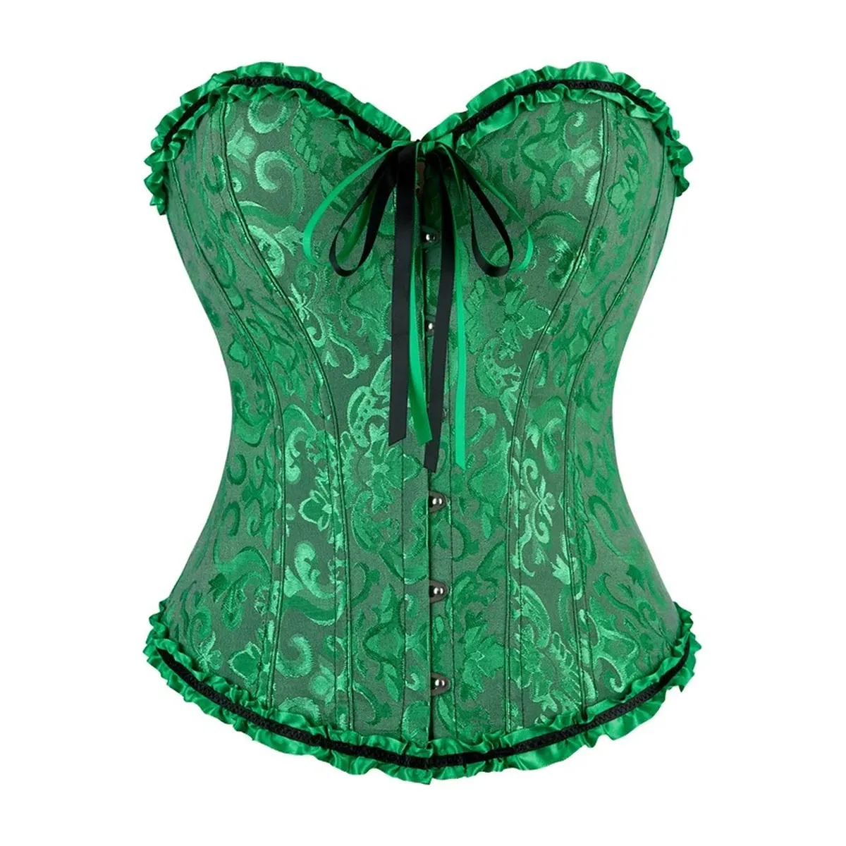 Corsé de jacquard con 12 varillas de plástico y cordón trasero – negro y verde