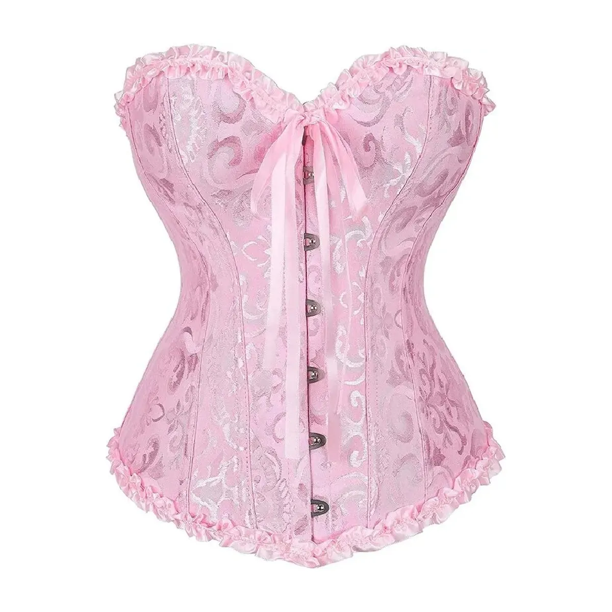 Corsé de jacquard con 12 varillas de plástico y cordón trasero – rosa