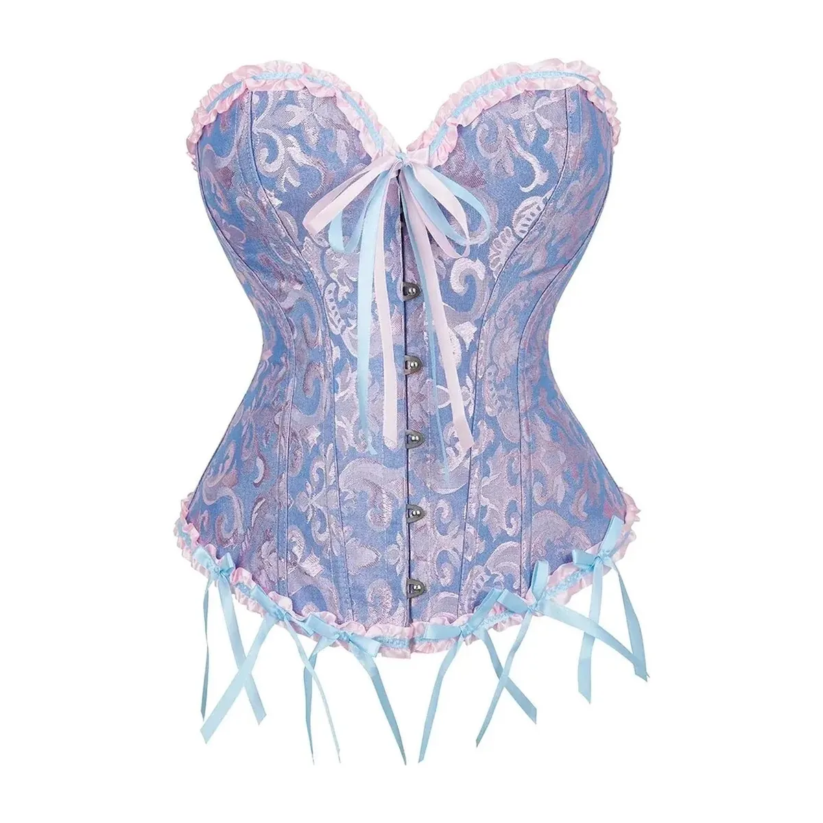 Corsé de jacquard con 12 varillas de plástico y cordón trasero – rosa y azul