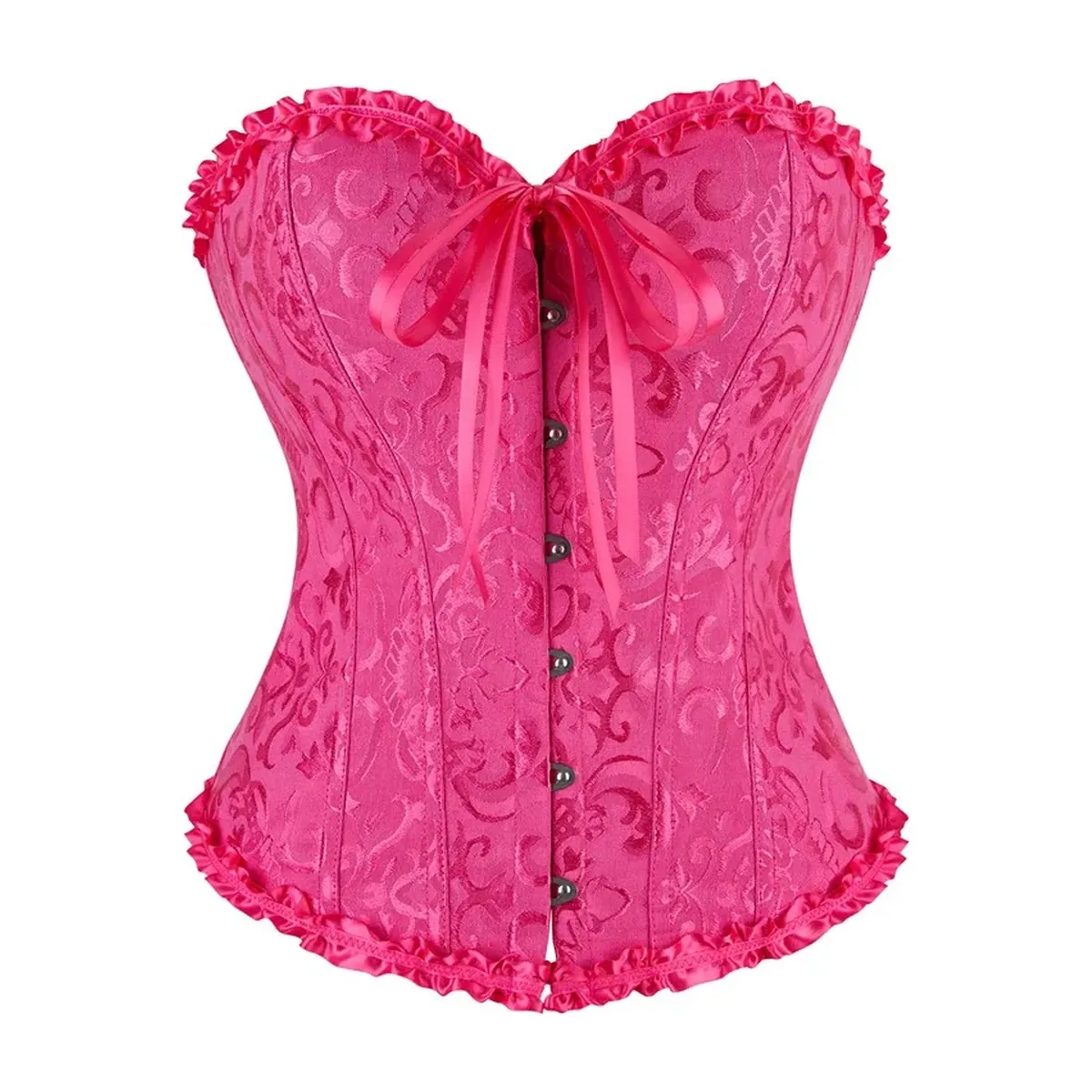 Corsé de jacquard con 12 varillas de plástico y cordón trasero – rosa y rojo