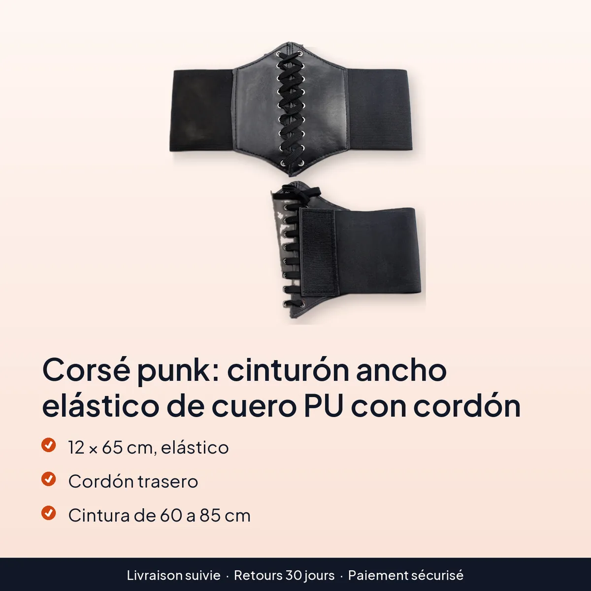 Corsé punk: cinturón ancho elástico de cuero PU con cordón : 12 × 65 cm, elástico, cordón trasero, cintura de 60 a 85 cm