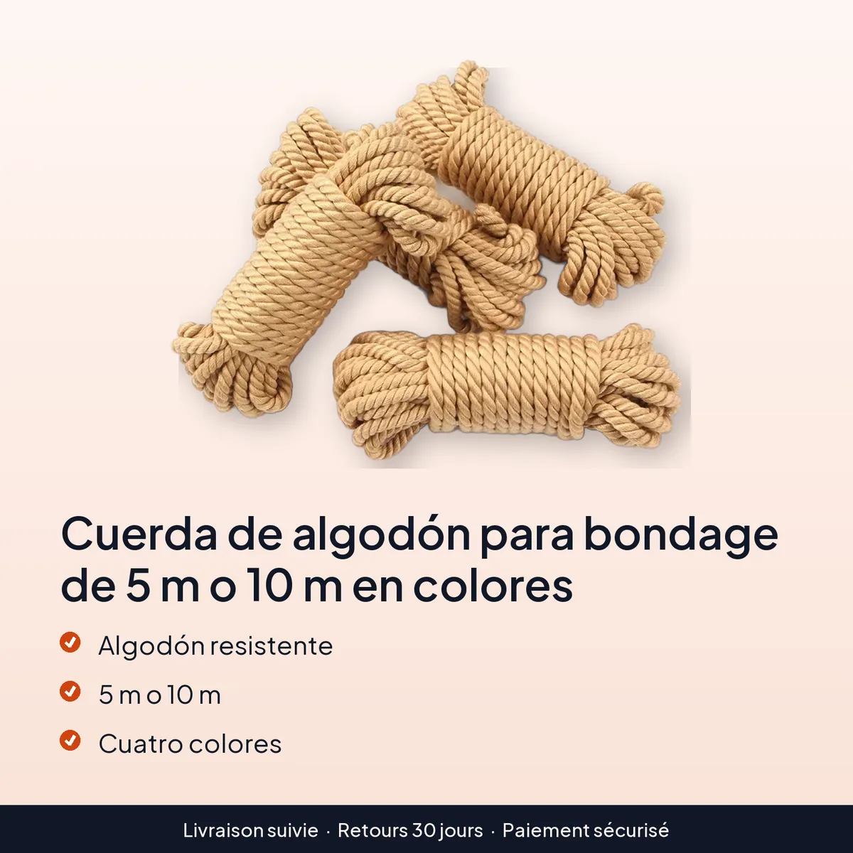 Cuerda de algodón para bondage de 5 m o 10 m en colores : algodón resistente, 5 m o 10 m, cuatro colores