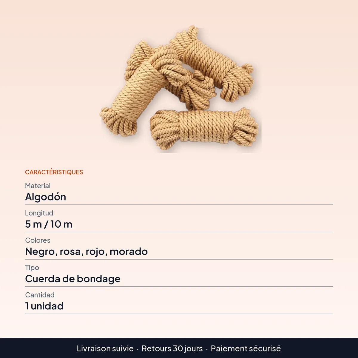 Cuerda de algodón para bondage de 5 m o 10 m en colores : caractéristiques
