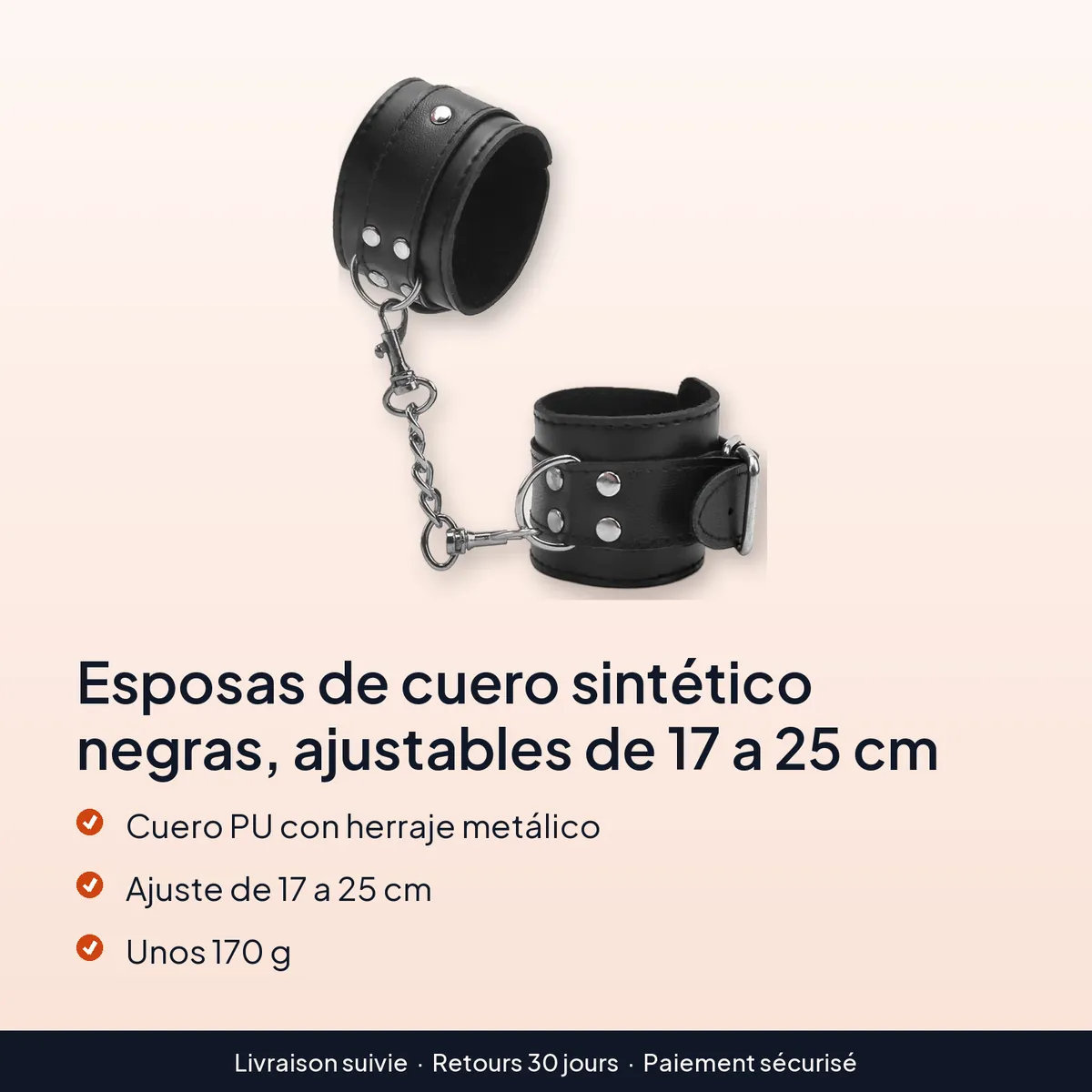 Esposas de cuero sintético negras, ajustables de 17 a 25 cm : cuero pu con herraje metálico, ajuste de 17 a 25 cm, unos 170 g