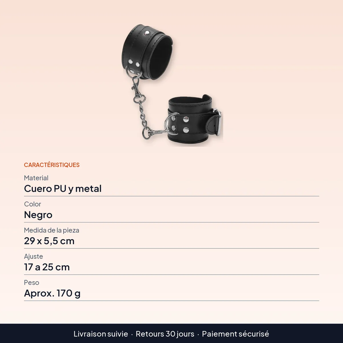 Esposas de cuero sintético negras, ajustables de 17 a 25 cm : caractéristiques