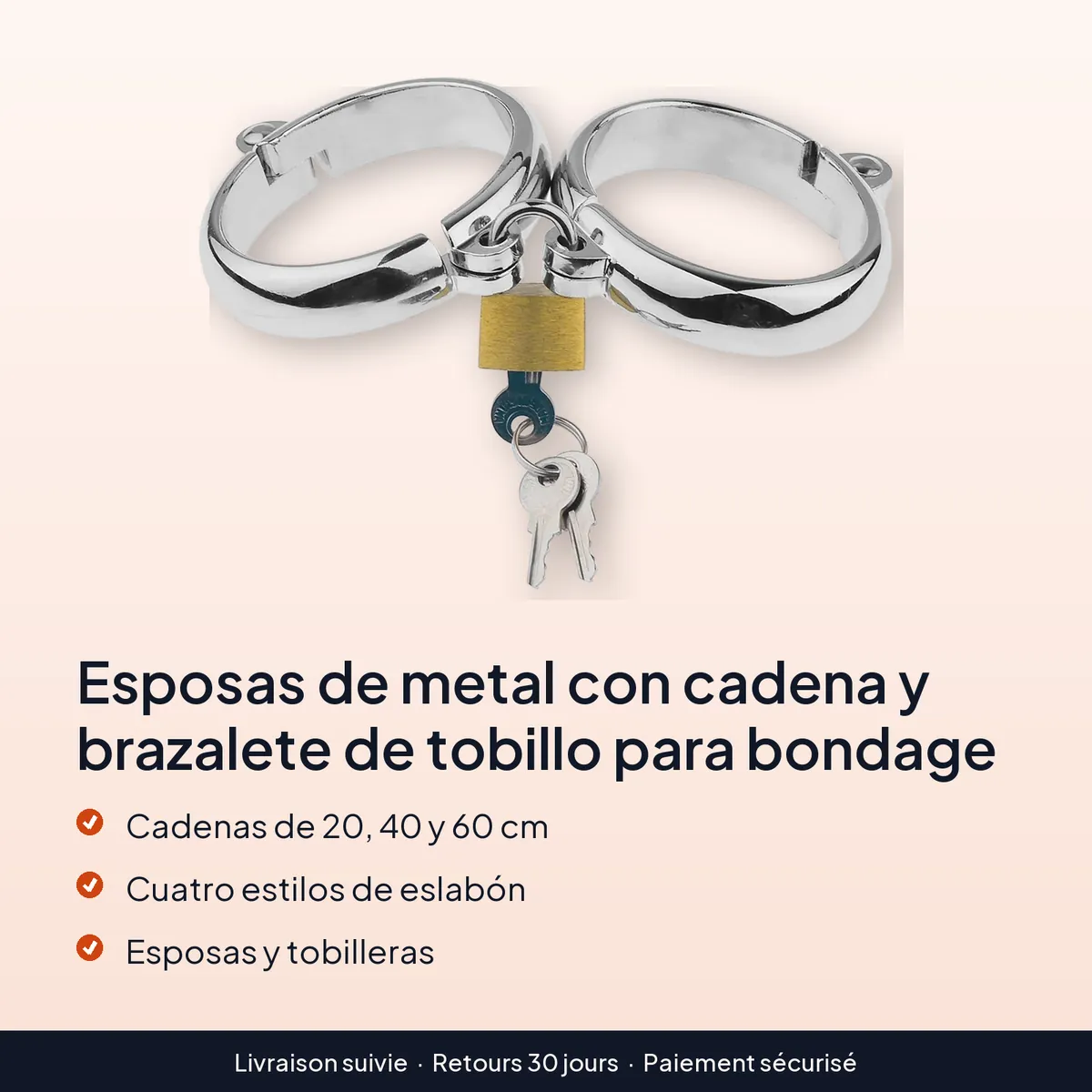 Esposas de metal con cadena y brazalete de tobillo para bondage : cadenas de 20, 40 y 60 cm, cuatro estilos de eslabón, esposas y tobilleras