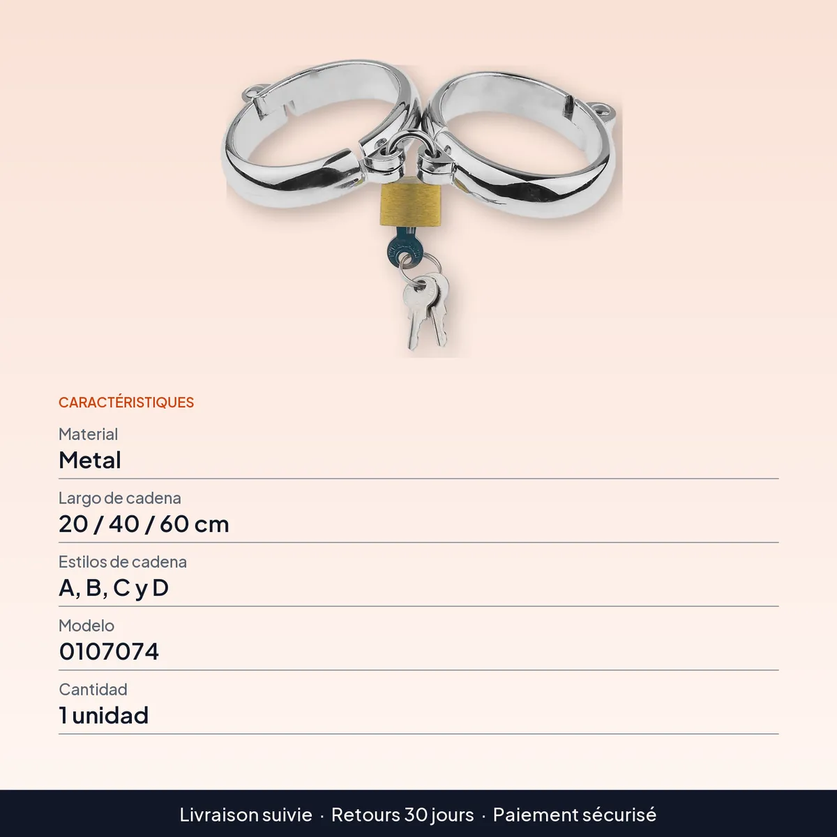 Esposas de metal con cadena y brazalete de tobillo para bondage : caractéristiques
