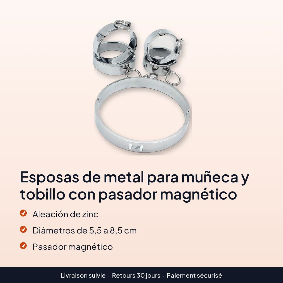 Esposas de metal para muñeca y tobillo con pasador magnético : aleación de zinc, diámetros de 5,5 a 8,5 cm, pasador magnético