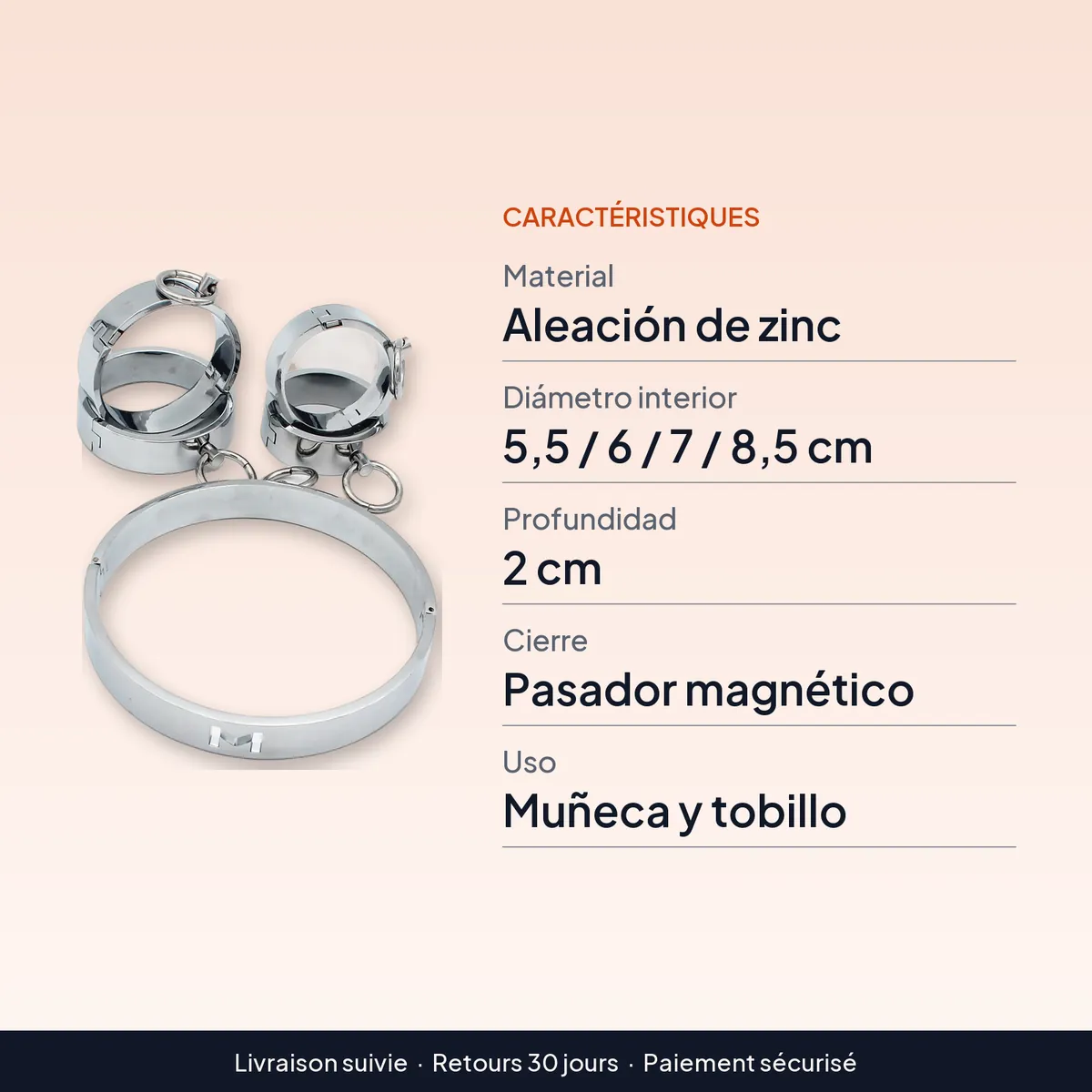 Esposas de metal para muñeca y tobillo con pasador magnético : caractéristiques
