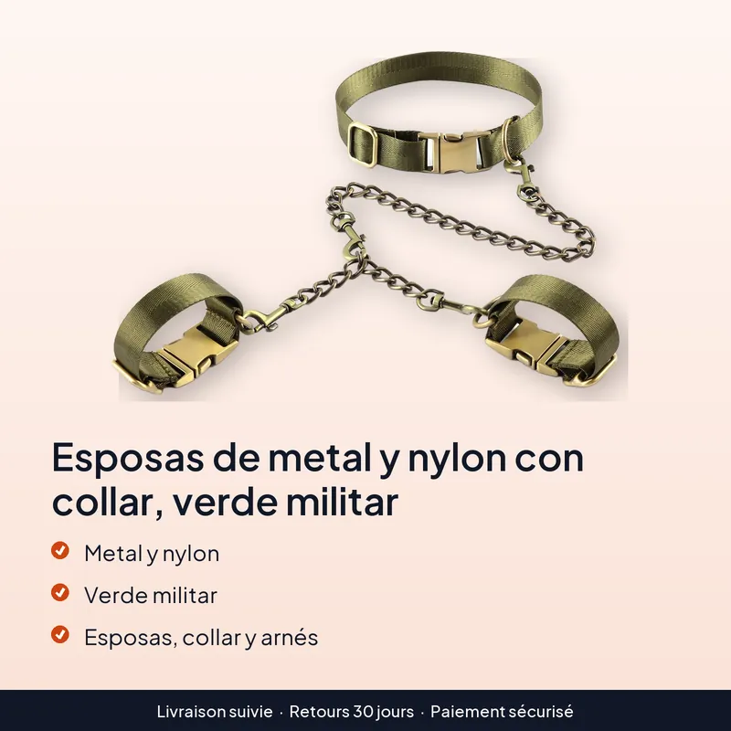 Esposas de metal y nylon con collar, verde militar – Uso con comunicación previa