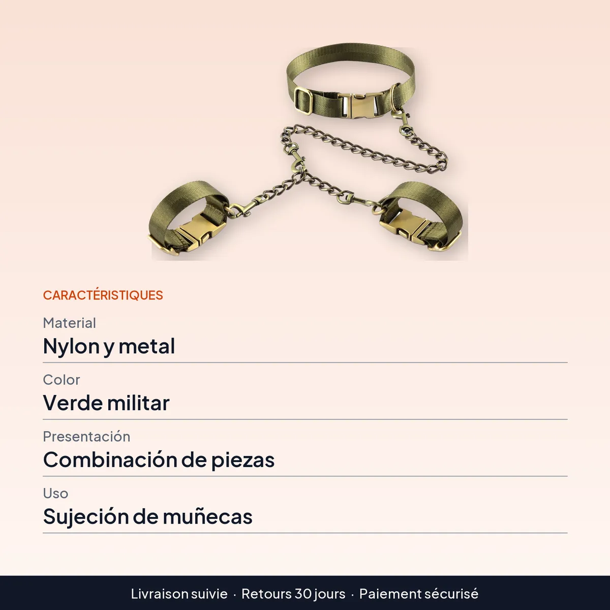 Esposas de metal y nylon con collar, verde militar : caractéristiques