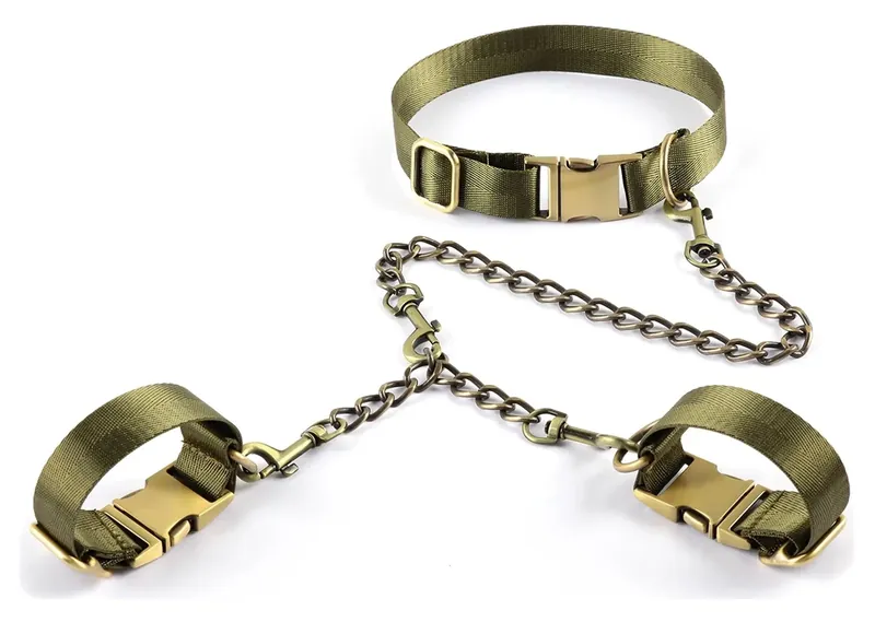 Esposas de metal y nylon con collar, verde militar