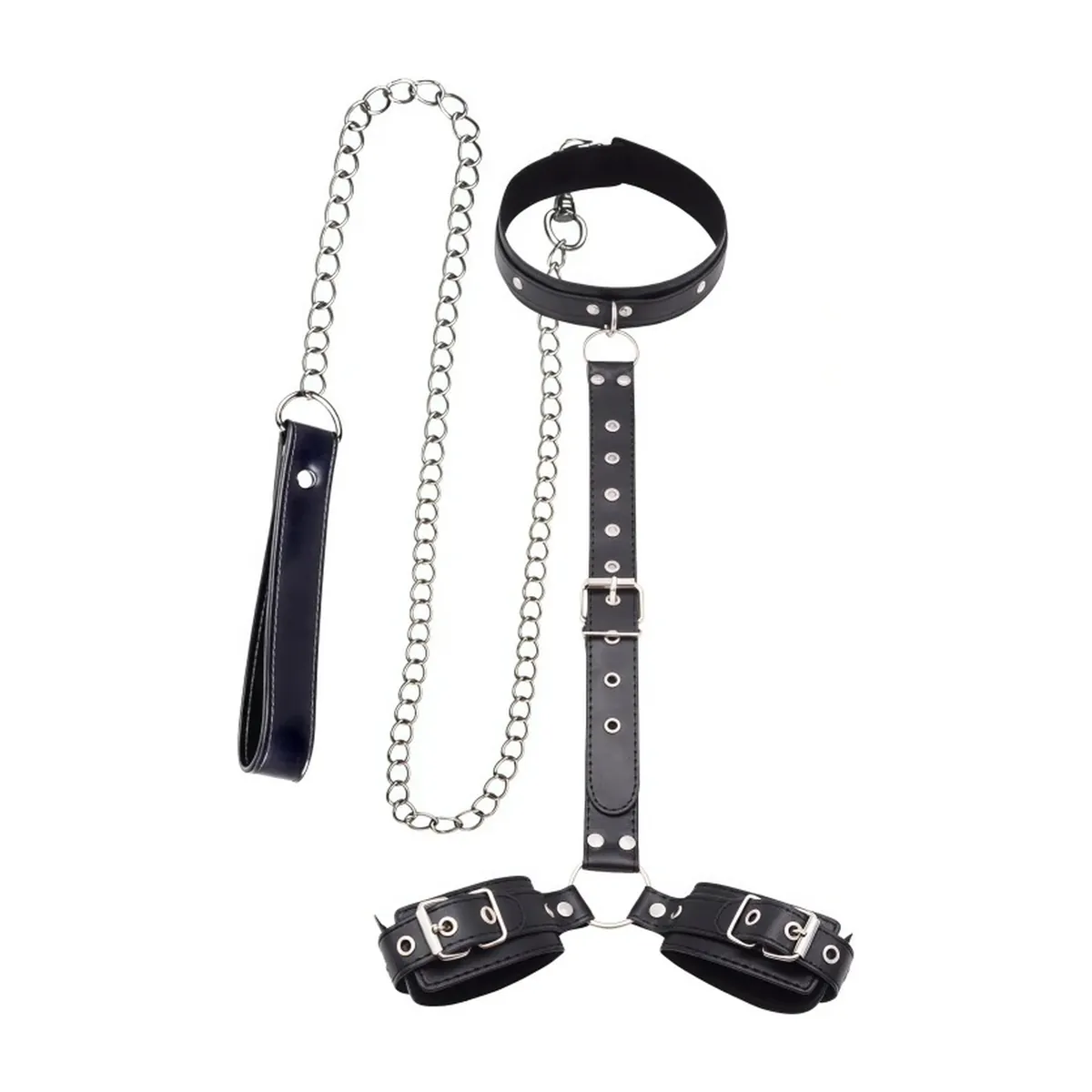 Kit de bondage con collar ajustable y esposas de cuero PU – vue 2