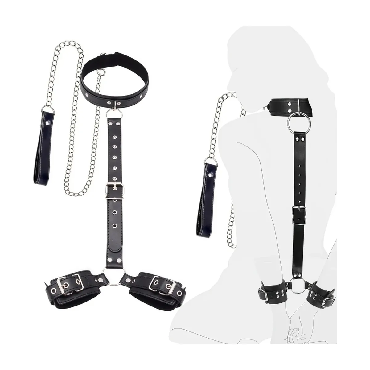 Kit de bondage con collar ajustable y esposas de cuero PU – vue 3