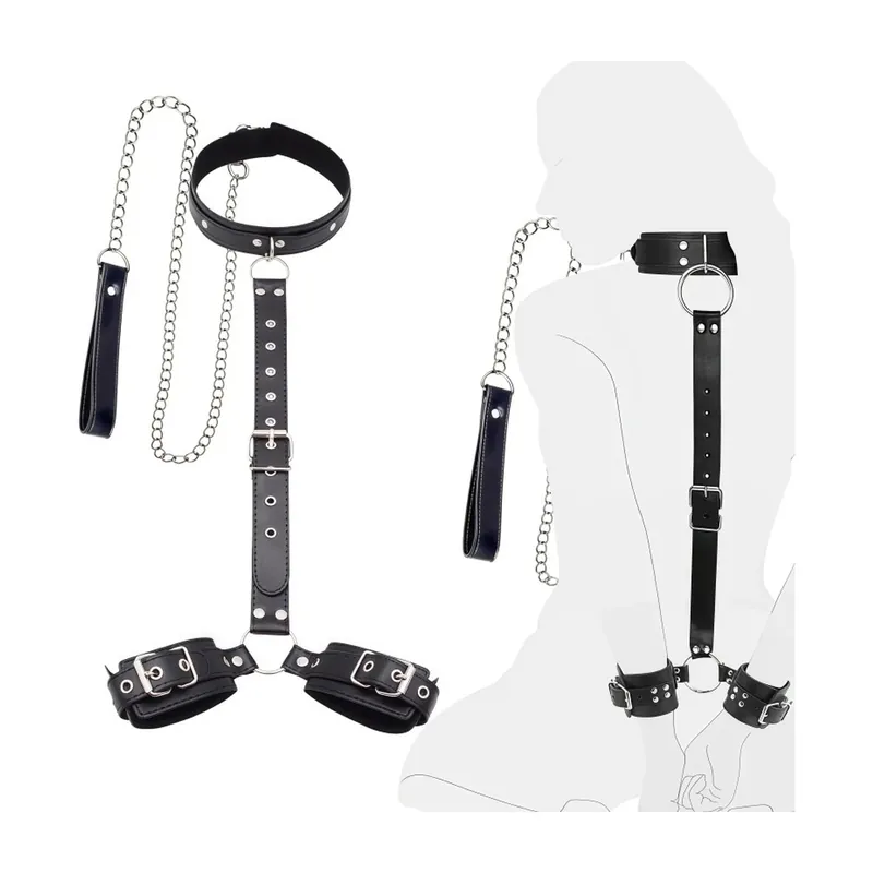 Kit de bondage con collar ajustable y esposas de cuero PU – Cadenas y uniones metálicas