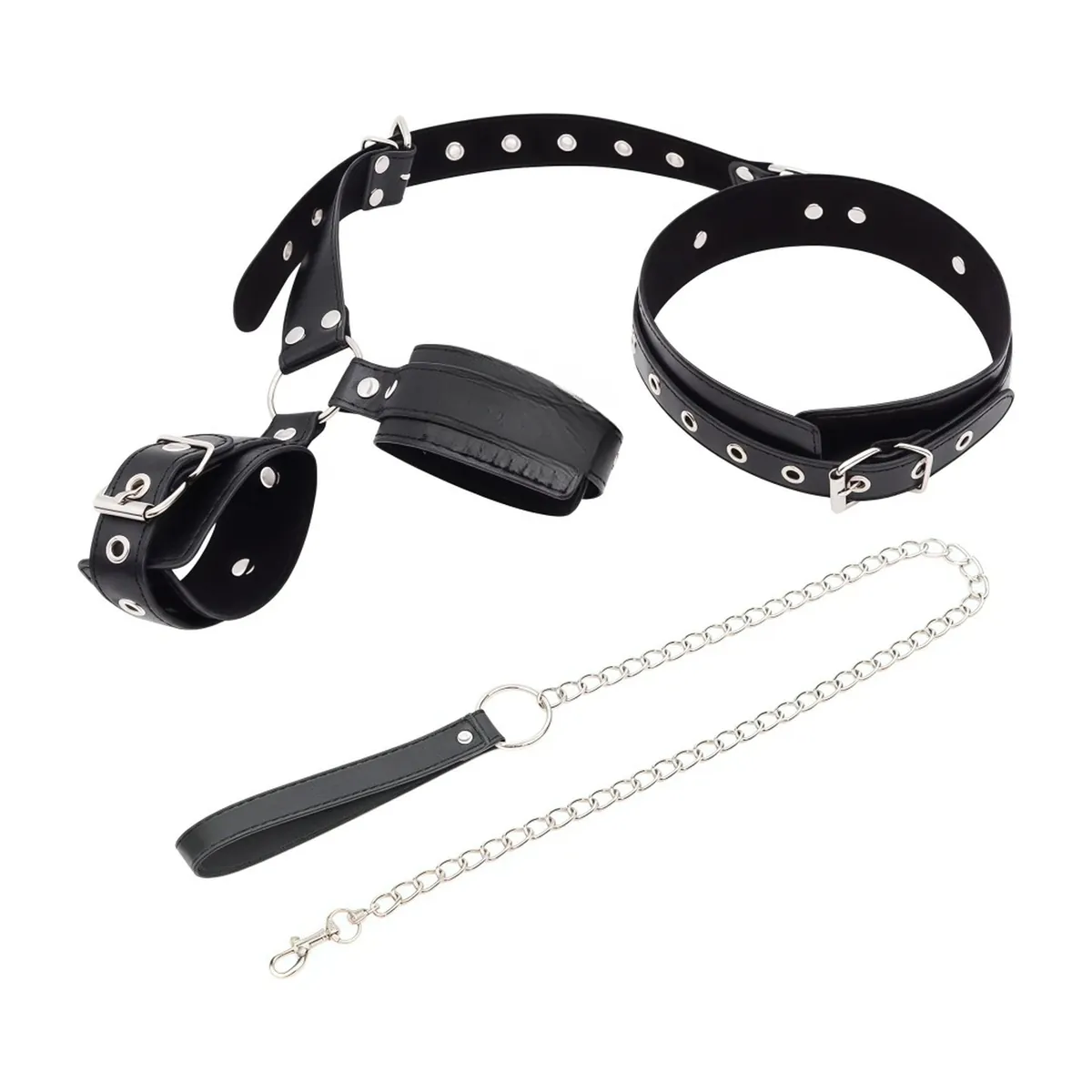 Kit de bondage con collar ajustable y esposas de cuero PU – vue 4