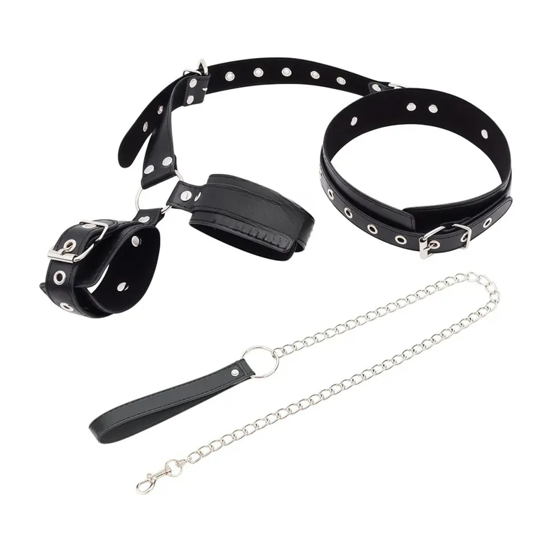 Kit de bondage con collar ajustable y esposas de cuero PU – Material sintético y cuidado