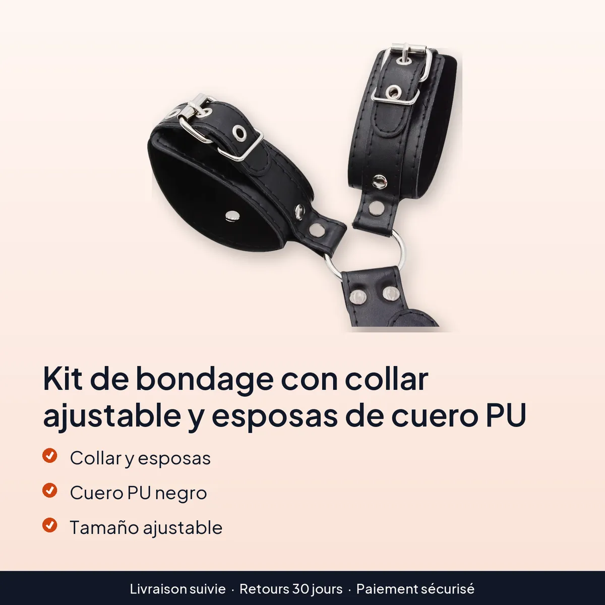 Kit de bondage con collar ajustable y esposas de cuero PU : collar y esposas, cuero pu negro, tamaño ajustable