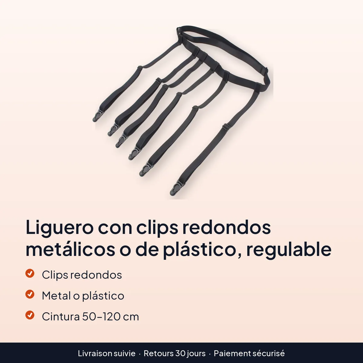 Liguero con clips redondos metálicos o de plástico, regulable : clips redondos, metal o plástico, cintura 50–120 cm