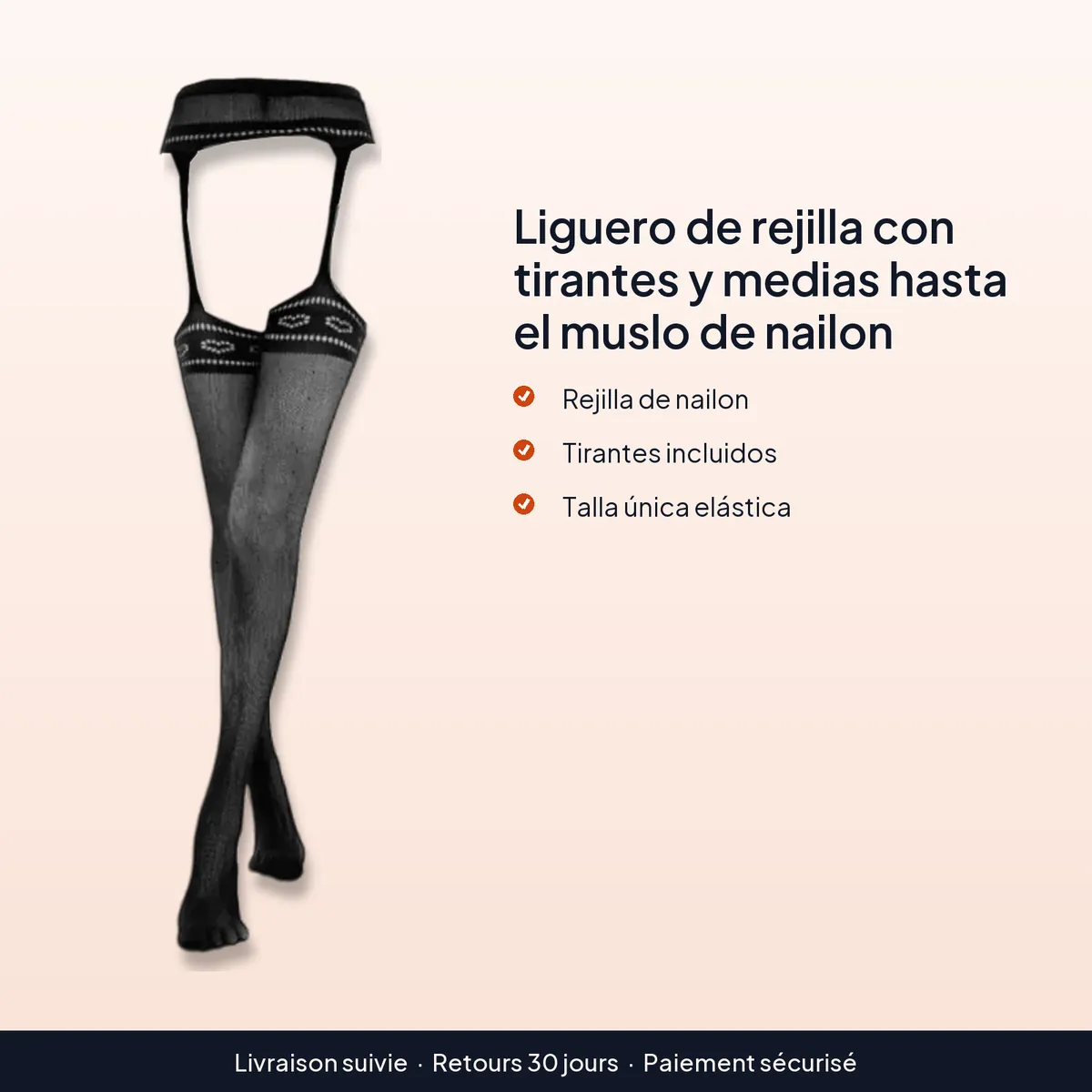 Liguero de rejilla con tirantes y medias hasta el muslo de nailon : rejilla de nailon, tirantes incluidos, talla única elástica