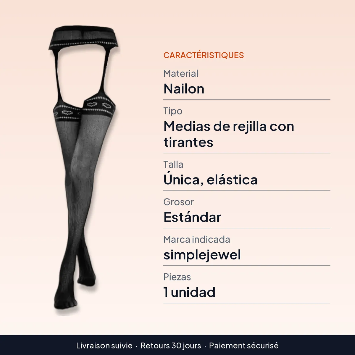 Liguero de rejilla con tirantes y medias hasta el muslo de nailon : caractéristiques