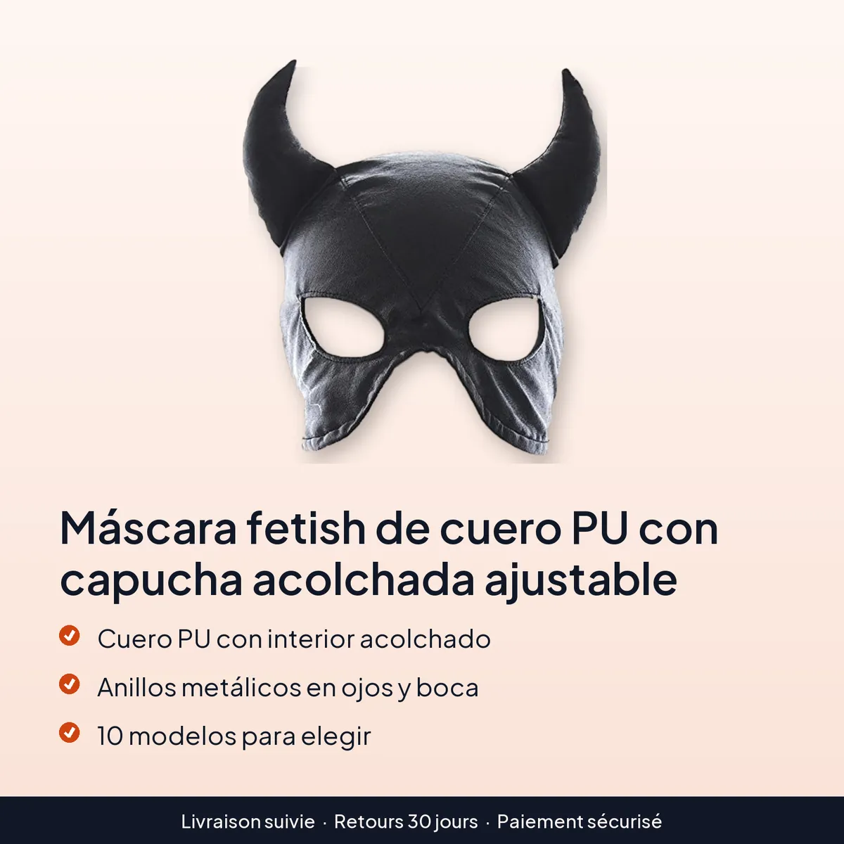 Máscara fetish de cuero PU con capucha acolchada ajustable : cuero pu con interior acolchado, anillos metálicos en ojos y boca, 10 modelos para elegir