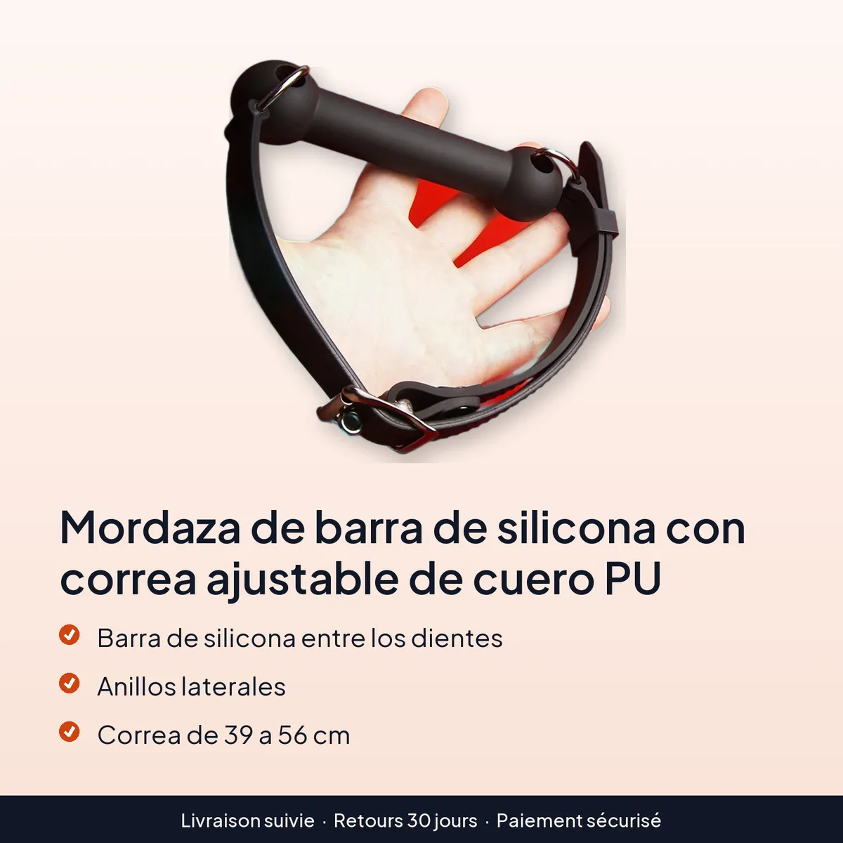 Mordaza de barra de silicona con correa ajustable de cuero PU : barra de silicona entre los dientes, anillos laterales, correa de 39 a 56 cm