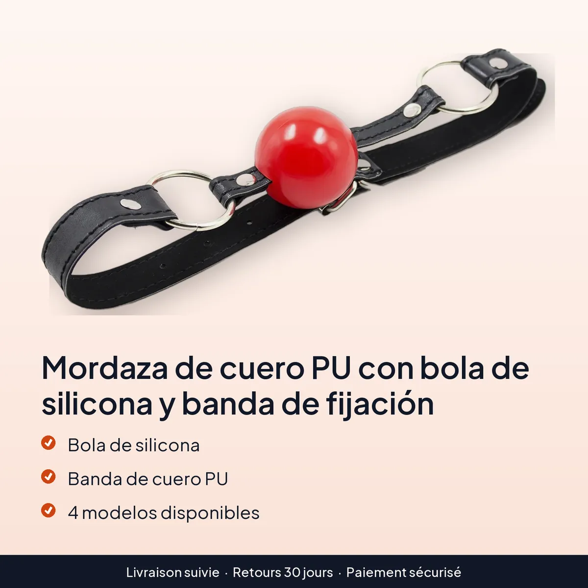 Mordaza de cuero PU con bola de silicona y banda de fijación : bola de silicona, banda de cuero pu, 4 modelos disponibles