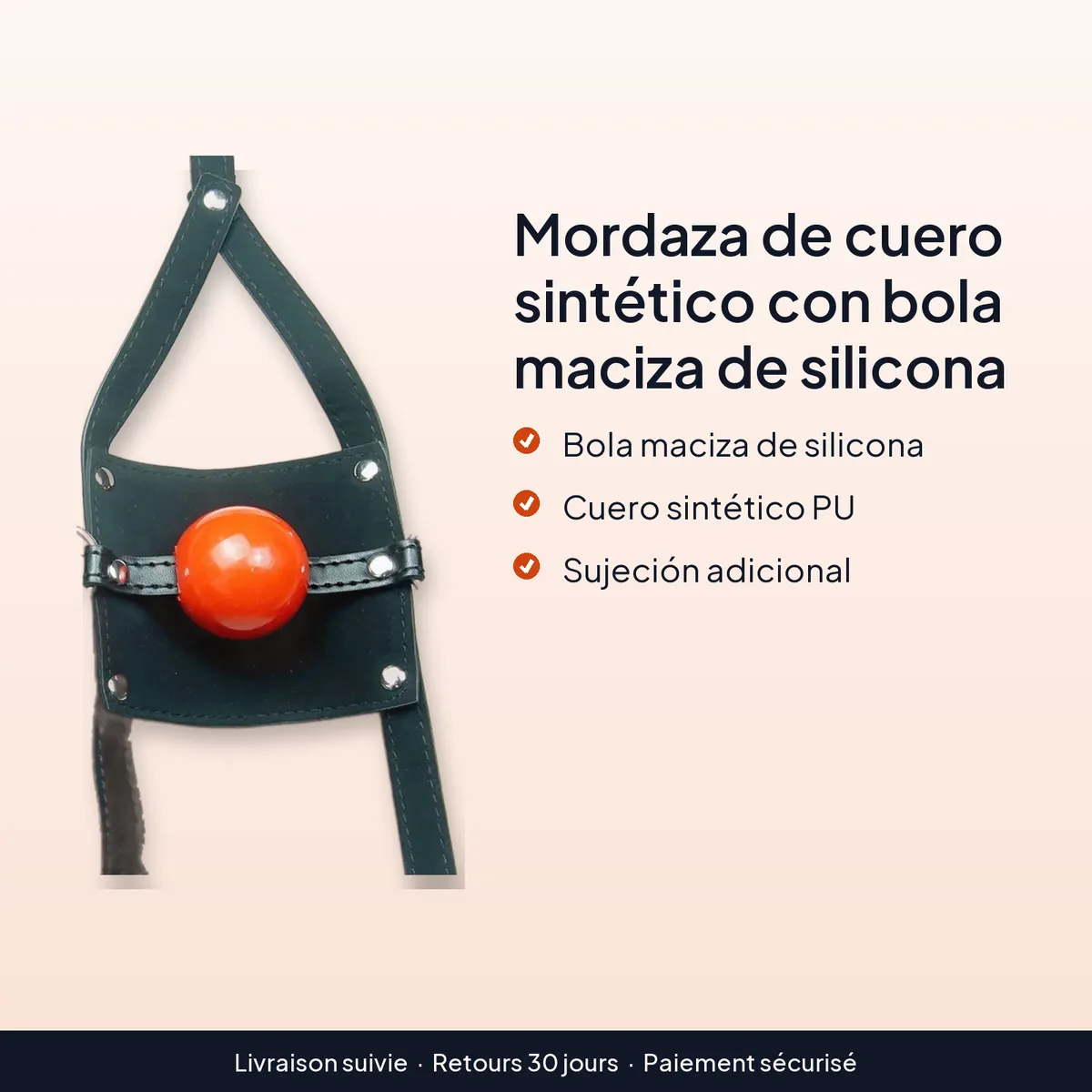 Mordaza de cuero sintético con bola maciza de silicona : bola maciza de silicona, cuero sintético pu, sujeción adicional