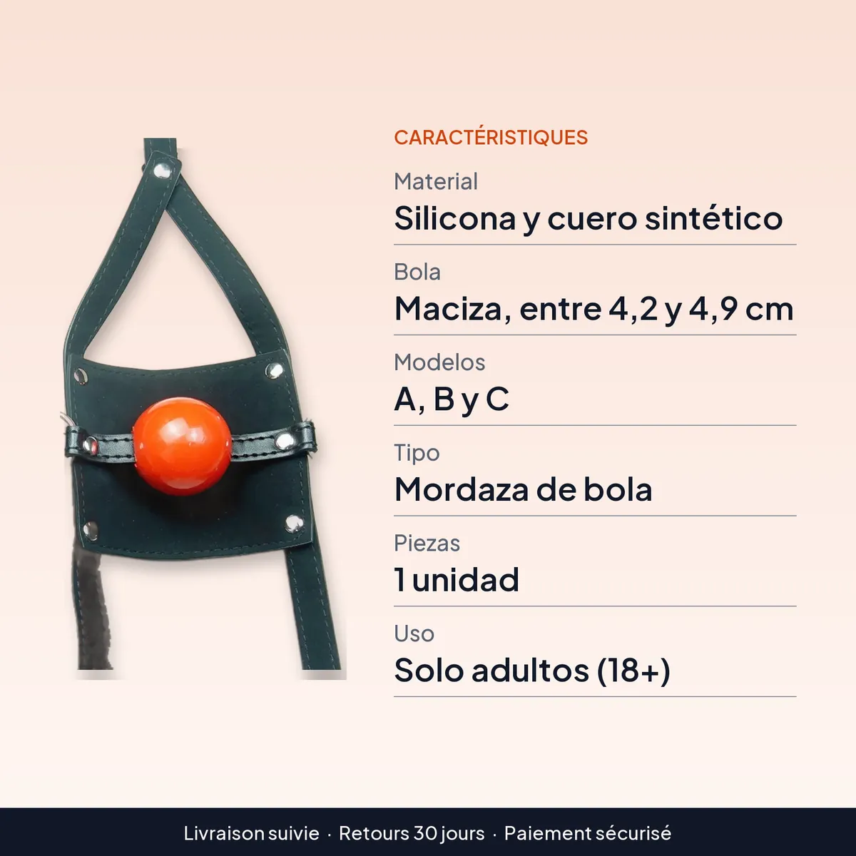Mordaza de cuero sintético con bola maciza de silicona : caractéristiques